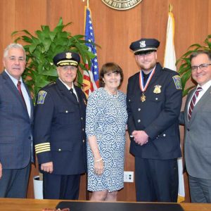 Left to right: State Representative Joseph McGonagle, Police Chief Paul Strong, District Attorney Marian Ryan and Mayor Robert J. Van Campen.