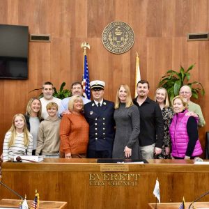 Everett’s new Fire Chief Joseph Hickey is shown with his proud family after being sworn in on Monday evening at City Hall. (Photo/City of Everett)