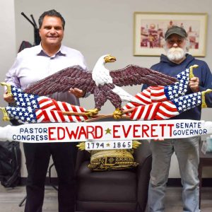 Mayor Carlo DeMaria thanked Everett resident Gerald Frew for his donation of a specially crafted plaque to the City of Everett. The plaque honors the city’s namesake, Edward Everett.