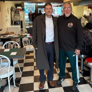 Franny’s in Maplewood Square on a recent morning — David Marc Solet and yours truly.