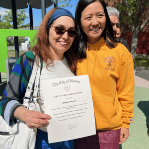 Denise Rincon (left), a science teacher at Pioneer Charter School of Science II in Saugus, received a Certificate of Recognition from Boston Mayor Michelle Wu on behalf of the City of Boston. (Courtesy Photo to The Saugus Advocate)