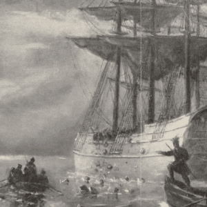 Darius Cobb’s painting, Destruction of Tea in Boston Harbor.