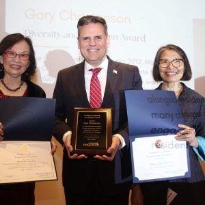Mayor Gary Christenson received the Diversity and Inclusion Award. Shown are Chinese Culture Connection members Board President Dr. Yulan Lin (at left) and Executive Director Mei Hung.