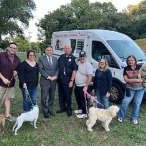 Pictured from left to right: Forestdale School Principal Adam Weldai with Morty, Ward 5 Councillor Ari Taylor with Walter, Mayor Gary Christenson, Animal Control Officer Kevin Alkins, Councillor-at-Large Craig Spadafora with Cannoli, Ward 3 Councillor Amanda Linehan and Ward 1 Councillor Peg Crowe with Fintan. (Courtesy photo)