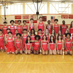 The 2025-26 Crimson Tide EHS Co-Ed Indoor Track Team, shown from left to right: Front row: senior Miguel Ventura, senior Captain Anthony Whitlow, sophomore Shashi Pokhrel, senior Captains Zoe Massiah, Isabella Pimenta and Akanksha Neupane, sophomore Sofia Chavez Velasquez and senior Captain Jeremy Whitlow; second row: juniors Sandesh Pun and Domenico Delle Rose, senior Dante Gell, sophomore Pratyush Darai, senior Captain Shinead Rilley, senior Ian Herrera, juniors Amina Mekic and Adrianna Figueroa, sophomore Gissell Lemus, freshman Isabella Mitrano and junior Olivia Dresser; third row: Head Coach Jehu Cimea, junior Raakin Shrestha, senior Bryan Lewis, senior Captain Antonio Iraola, senior Wilmer Fuentes, senior Captain Lucas Nunez, senior Gaetano Foster, senior Captain Kayshaun Eveillard, junior Carlos Pagan Landeo, senior Captain Kervens Joseph, junior Captain Graziella Foster, sophomore Edwich Jean-Pierre and Distance Coach Brendan Hahesy.