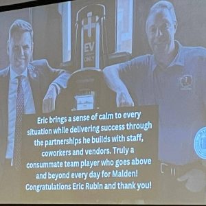 A screen shot from the presentation honoring Public Facilities Director Eric Rubin as Maldonia MVP – pictured with Mayor Gary Christenson.