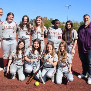 LADY EAGLES: Kneeling, shown from left to right: Kyra Conti, Ashley Griffone, Rachael Navaste and Leila Marcus. Top row, shown from left to right: Assistant Coach Susannah Anderson, Emily DeLeire, Ella Mangone, Bailey DeLeire, Stercika Joseph, Sofia Marcus and Head Coach Richard McManus. (Advocate photo by Tara Vocino)