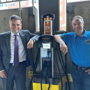 Mayor Gary Christenson and Public Facilities Director Eric Rubin at an electronic charging station (courtesy of the City of Malden)