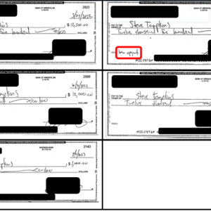 The five checks totaling $50,000 allegedly issued by Individual A to Sheriff Steven W. Tompkins (Courtesy of U.S. Attorney's Office, District of Mass)