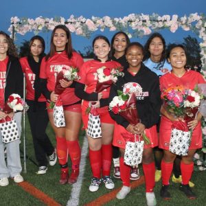 Seniors posed with their senior gifts during last Thursday’s Everett High School Varsity Girls’ Soccer Senior Night at 7-Acre Park. Shown from left to right: Victoria Maco, Khadijia Moutaouakki, Layla Cardona, Xiomara Perez, Adalmita Silva (behind Xio), Shyann Ambersley, Laura Sanchez (next to Adalmita) and Glediy Tejada.