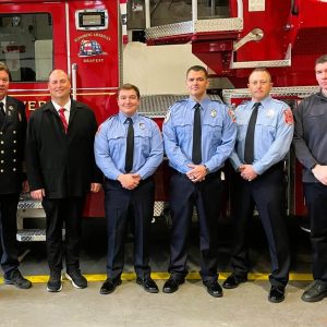 FIRE DEPARTMENT PROMOTIONS: Left to right: Fire Chief Michael Newbury, Town Manager Scott Crabtree, Temporary Lieutenants Nicholas Landry and Frank Raimo, Lieutenant Matthew Fowler and Deputy Fire Chief Thomas D’Eon. Landry, Raimo and Fowler were recognized during last week’s promotional ceremony. (Courtesy photo to The Saugus Advocate)