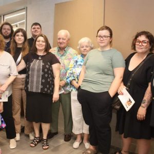 Family members, shown from left to right: Front row: great-grandniece Clara Hoey, niece Rachael Anderson, daughters Maggie Chiavelli and Emily Chiavelli and husband Jim Chiavelli; back row: grandniece Nicole Anderson, sister Judy Randall, grandnephew Jordan Sawyer, great-grandniece Lainey Matthews, great-nephew Justin Anderson, father-in-law James Chiavelli and mother-in-law Mary Chiavelli.