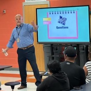 FIELDING QUESTIONS— Malden High Principal Chris Mastrangelo answers some questions from parents, caregivers and students at the first-ever "Meet the Principal Night" at Malden High School.  (Courtesy/ Malden Public Schools)