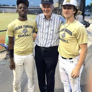 U.S. Senator Ed Markey (center), D-Mass., stopped by Rotondi Field recently to take in the Malden Senior Babe Ruth Bambinos’ win over Bedford and wish the team well, including Brayan Jose (left), a native of the Dominican Republic, and Jake Simpson (right). Both players were members of the 16-4 Malden High Golden Tornado Baseball Team this past spring. At the game, they presented Sen. Markey with a Malden High baseball cap to help commemorate the successful 2024 Golden Tornados season. (Advocate Photo)