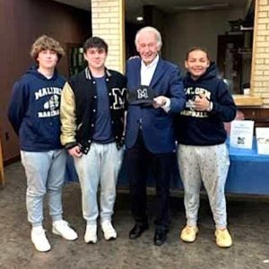 GO MALDEN! From left: U.S. Senator Ed Markey (center) greeted Malden High School baseball players Aidan Brett, Kyle Nickerson and Jaylen Rivera-Fuente. (Advocate Photo)