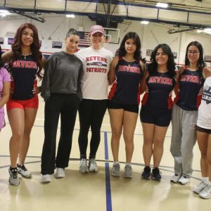 Patriots Seniors and their coach on Monday at Revere High School, shown from left to right: Anahis Vasquez, Ashley Chandler, Yasmin Riazi, Head Coach Racquel MacDonald, Yara Belguendouz, Angelina Montoya, Camila Echeverri and Giselle Salvador.