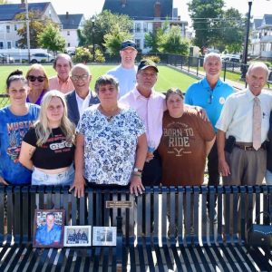 The Goodwin family gathered at Swan Street Park alongside current and former City of Everett officials to dedicate a bench in honor of Steve “Goodie” Goodwin and Clarence Goodwin. (Courtesy photo)