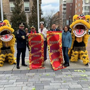 Pictured from left to right: Police Chief Glenn Cronin, Parade Grand Marshal Brigadier General Joseph Milano, 2021 Miss Chinese Boston Vanessa Guo, Mayor Gary Christenson and Chinese Culture Connection Executive Director Mei Hung. (Courtesy of the City of Malden)