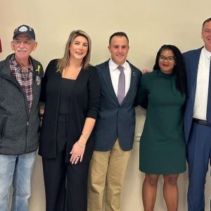 Shown from left, city councillors Angela Guarino-Sawaya, Bob Haas, III, and Ira Novoselsky, Mayor Patrick Keefe, State Sen. Lydia Edwards, State Rep. Jeff Turco and Councillor Marc Silvestri. (Courtesy photo, Julia Cervantes)