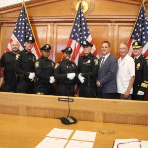 Shown from left to right: Revere School Committee candidate/Northeast Metro Tech School Committee Member Anthony Caggiano, Revere School Committee Member Jacqueline Monterroso, Ward 3 City Councillor Anthony Cogliandro, Police Officers Michael McLaughlin, Orion Kong, Shayna Mullen and Seth Wyzanski, Acting Mayor Patrick Keefe, Jr., Ward 2 City Councillor Ira Novoselsky, Police Chief David Callahan and Executive Officer Sean Randall.