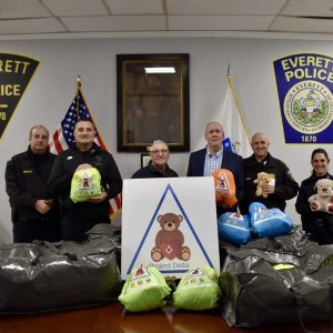 Shown from left to right: Captain Demetri O’Malley, Captain Christopher Hannon, Everett resident Peter Demirdjian of the Mt. Vernon-Galilean Masonic Lodge, Mark Aubuchon of Project Delta, Police Chief Paul Strong and Community Outreach Officer Nicole O’Donnell.