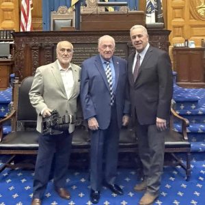 From left to right: State House Photographer and Everett native Bruce DiLoreto, former Mayor John Hanlon and Representative Joe McGonagle in the House Chambers.