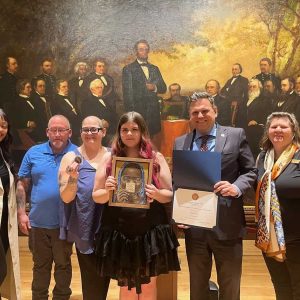 Pictured from left to right: Congresswoman Katherine Clark’s District Staff Assistant, Samira Rouba; Hazel's parents, Wil Hause and Nicole Queen; Hazel Queen; Mayor Gary Christenson; and Malden Public Library Director Dora St. Martin. (Courtesy photo)