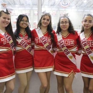 Shown from left to right: hockey cheerleaders Ella Hickey, Nyla Nguyen, Aline Silva, Jacqueline Machado and Joselin Diaz.