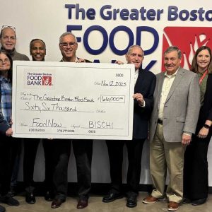 Representatives of BISCHI present a $66,000 check to representatives of The Greater Boston Food Bank for the purchase of food to help alleviate the shortfall in SNAP funding. Pictured from left to right: Diana Powers, Connie Perry, Michael Bright, O’Neill Outar, David Noymer (BISCHI), Jay Lamport (BISCHI), Bob Brown (BISCHI), Sandy Coady and Trish Vallery.
