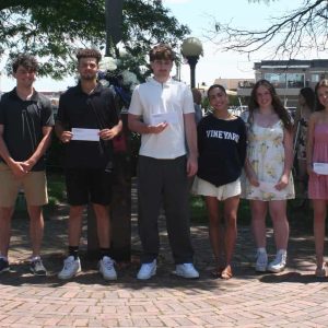 Scholarship recipients, pictured from left to right: Anthony Forte, Eric Bridges, Luke Ellis, Yasmina DeAngelis, Casey Flynn, Isabella Morello. Missing from the photo was Matthew Lewis, who was competing in the MIAA State Baseball Tournament. (Courtesy photo)