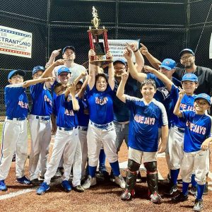 The Everett Little League Blue Jays of the Minor League were recently crowned 2024 Champions. Shown displaying the Championship trophy, are shown in no particular order; Matthew Perdomo, Landen Goggins, Richard Carapellucci, Giovanni Blatt, Logan Goggins, Owen Wu, (shown head behind the trophy), Jimmy McLaughlin, Marco Kotsiopoulos, Giovanni (GiGi) Abreu, and Gioanni (Lil' G) Abreu. The Coaches are; Rich Carapellucci (Assistant Coach), Kevin Blatt (Head Coach), Billy Kotsiopoulos (Assistant Coach), and Gio Abreu (Assistant Coach).  Missing from the photo are, Nicholas De Souza and Holyver Senat.  (Courtesy photo)
