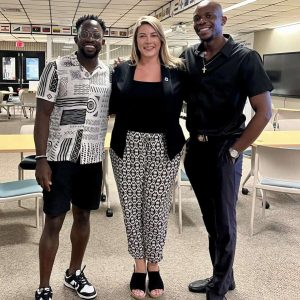 Shown with State Rep. Jessica Giannino are Skubie Mageza, left, and Jonathan Muteba, who also happen to be Revere High graduates.
