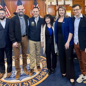 Shown from left to right are Councillors-at-Large Juan Pablo Jarmillo and Robert Haas III, Mayor Patrick Keefe, Ward 5 Councillor Angela Guarino-Sawaya, State Rep. Jessica Giannino and Save the Harbor/Save the Bay Executive Director Chris Mancini during the recent Climate Workshop at City Hall.