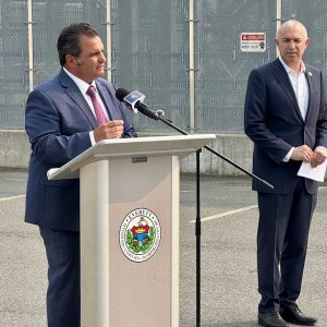 Mayor Carlo DeMaria and New England Revolution President Brian Bilello spoke at a press conference at the former Mystic Generating Station on Monday. (Courtesy photo)