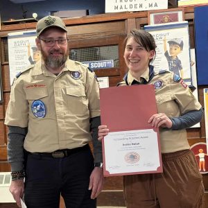 Scout Master Jason Altieri, left, and Malden Cub Scout Pack 603 Lions Den Leader Bekka Nolan.