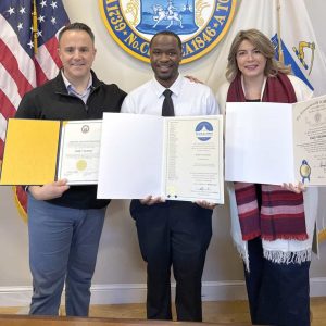 Pictured from left to right, Mayor Patrick Keefe, Eddy Volcimus, and State Rep. Jessica Giannino at the State House recently.  (Courtesy photo)