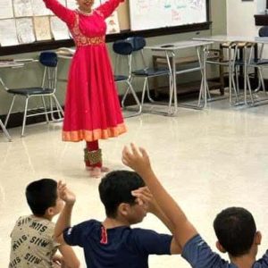 INTERACTIVE DISPLAY: Kathak dance expert Anjali Nath gets the students involved, mixing the dance steps with storytelling and words.