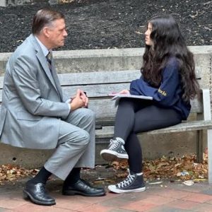 INTERVIEW AT MHS: Superintendent Dr. Timothy Sippel is interviewed by Alexia Lima of Malden High School’s Blue and Gold student newspaper. (Courtesy/Malden Public Schools)