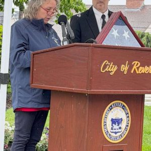 Exalted Ruler Anessa Schena addressed attendees during the City of Revere Memorial Day ceremony on Monday morning, honoring the service and sacrifice of America’s fallen veterans.