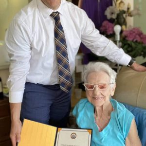 Mayor Patrick Keefe wished Mary “Tudy” Masella, who turned 101 on Wednesday, May 29, Happy Birthday. Mary ranks #9 in Revere’s “top ten” of oldest residents. (Courtesy of the City of Revere)