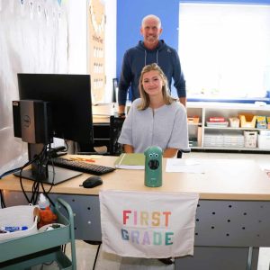 First grade teacher Amanda Jacquier is shown in her classroom with Veterans Early Learning Center Principal Michael Mondello; she looks forward to seeing students grow as individuals this year, adding that it’s the best district she has worked in. (Saugus Advocate photo by Tara Vocino)