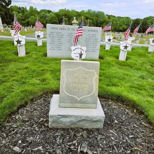 In the center of the Civil War Plot at Riverside Cemetery is a marker with the inscription “Erected to the unknown dead.” (Saugus Advocate photo by Mark E. Vogler)