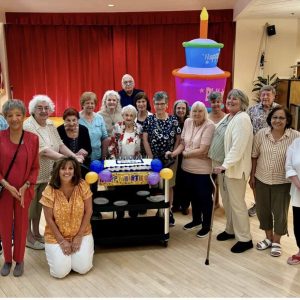 JUNE 2024 BIRTHDAYS: The Senior Center celebrated the collective birthdays of 17 Saugonians for the month last Friday (June 28). From left to right: Fred Manfredonia, Faith Barrow, Senior Center Director Laurie Davis (kneeling), Ann Marie Fanara, Ethel Swirka, Janet Pothier, Ellen Palleshci, Ed Wawrzynowitz, Annette Slocomb (101), Gloria Johnson, Linda Teal, Rosemary O’Connell, Lorraine Rice, Marie Adinolfi, Kathleen Murphy, Richard Warbin, Florentina Mosqueda and Donna Curley. (Courtesy Photo to The Saugus Advocate)