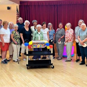 JUNE BIRTHDAYS: Pictured from left to right: Front row: Claire McCarthy, Rosemary O’Connell, Janet Pothier, Jacki Kiddy, Annmarie Fanara, Annette Slocomb (100 years old), Gloria Johnson, Donna Lawrence, Judy Bergeron, Ruth Cameron, Lorraine Rice, Richard Spates and Senior Center Director Laurie Davis; back row: Charlie McCarthy, Richard Warbin, Ellen Palleschi, Ed Wawrzynowicz, Faith Barrow and Kathy Murphy. (Courtesy photo to The Saugus Advocate)
