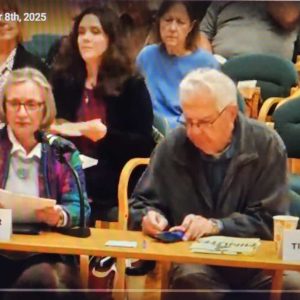 Joyce and Al Rodenhiser teamed up as moderator and timekeeper, respectively, at SAVE’s Board of Selectmen Candidates’ Environmental Forum on Oct. 8. (Saugus Advocate file photo of SaugusTV broadcast)