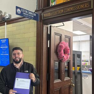 Councillor-at-Large Juan Pablo Jaramillo displayed his nomination papers outside the Board of Election Commissioners Office at City Hall last week.