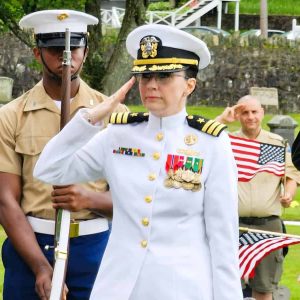 KEYNOTE SPEAKER: Naval Commander Shelby M. Nikitin saluted the flag during the close of last Saturday’s Memorial Day Ceremony at Riverside Cemetery. In her address, Nikitin talked about her 10 months as Naval commander of the guided-missile destroyer USS Thomas Hudner. (Saugus Advocate photo by Mark E. Vogler)