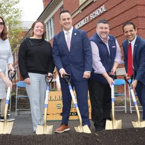 Shown from left to right: Supt. of Schools Dr. Dianne Kelly, Metro North Regional Emergency Communications Center Executive Director Whitney Morgan, Mayor Patrick Keefe, Winthrop Town Manager Anthony Marino and Chelsea City Manager Fidel Maltez.