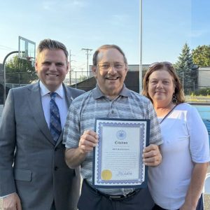 Mayor Gary Christenson, Ken Mazonson and Ward 1 Councillor Peg Crowe.