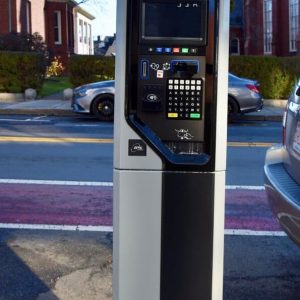 One of the new parking kiosks located on Broadway in front of Everett City Hall